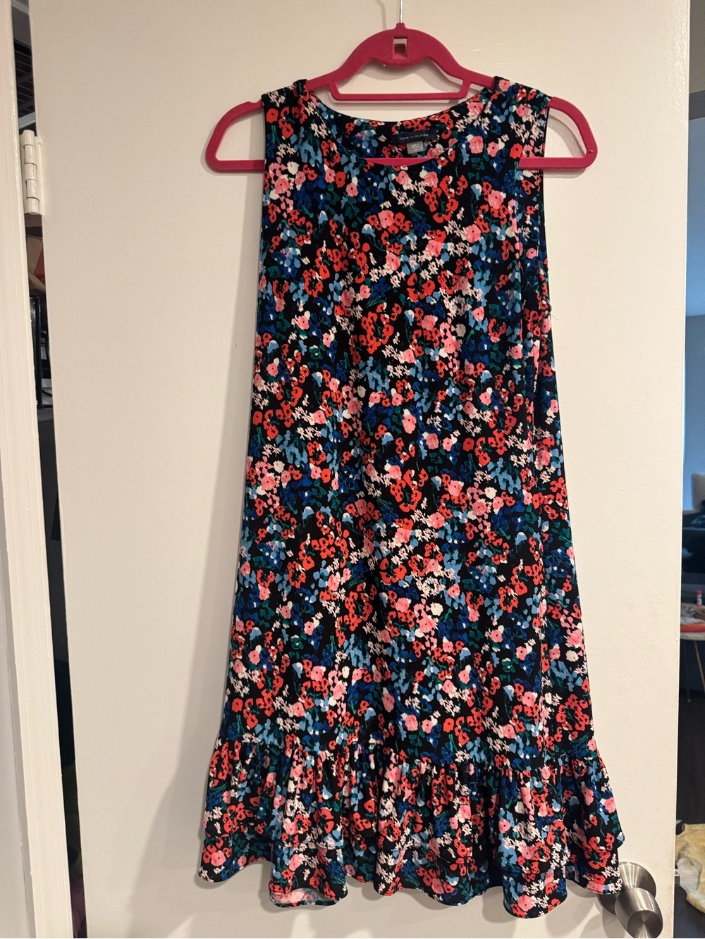 Tommy Hilfiger Black Floral Print Dress with Red, Pink & Blue Accents